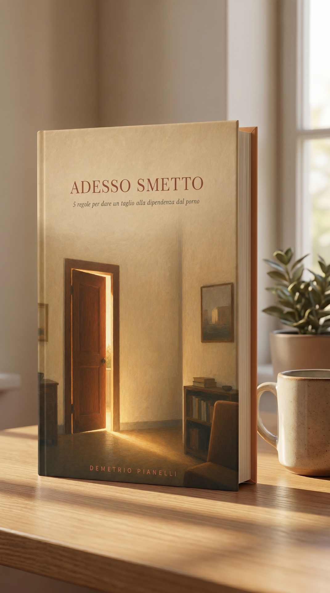 Il libro Adesso smetto appoggiato su un tavolo di legno con una tazza di caffè